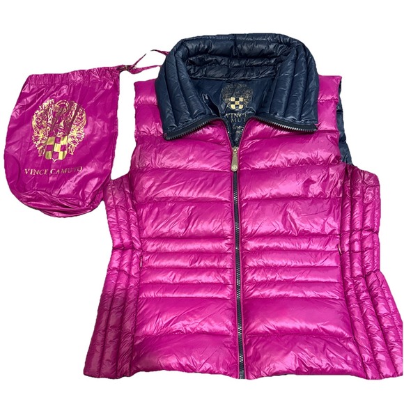 VINCE CAMUTO - PUFFER VEST  NAVY POLKA DOT SZ. M   DOWN FILL - Picture 1 of 8